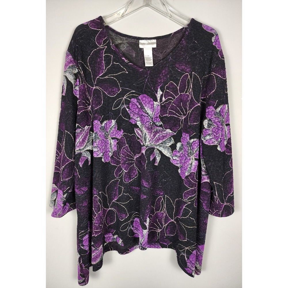 Drapers & Damons Shark bite hem 2X Purple Black Floral V-Neck 3/4 Sleeve‎ Top